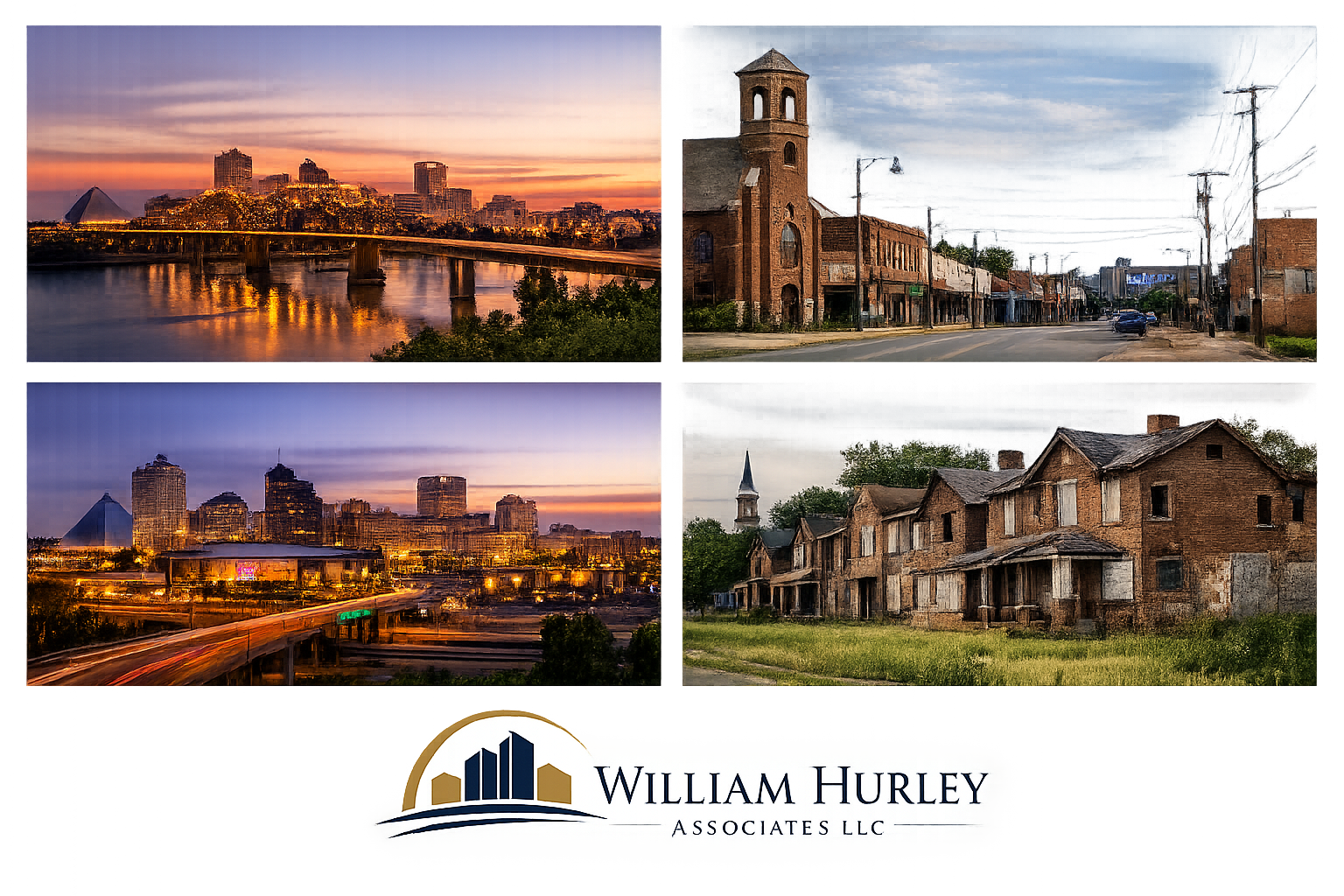Generated concept collage showing Memphis skyline, inner-city streetscape, community redevelopment imagery, and William Hurley Associates logo direction